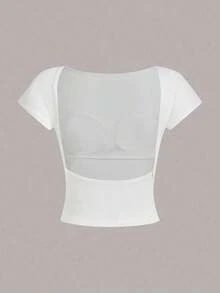 Camiseta sin sujetador de cuello redondo y espalda descubierta de 95% algodón, minimalista y casual para uso diario, atuendo de vacaciones para mujeres, verano - Blanco - Ver 5