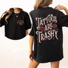 Stylish Casual T-Shirt For Women, Retro Tattoo Print T-Shirt, Vintage Rose And Tattoo Print T-Shirt, Fun Gift For Tattoo Lovers, Casual Wear For Women - 黑色 - 查看 1