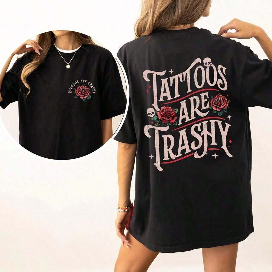 Stylish Casual T-Shirt For Women, Retro Tattoo Print T-Shirt, Vintage Rose And Tattoo Print T-Shirt, Fun Gift For Tattoo Lovers, Casual Wear For Women - 黑色 - 查看 1