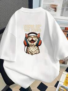 | Exquisite Design | Loose And Comfortable | Easy To Match | T-Shirt With A Print On The Front And Back, Showing A Cat With Headphones And A Musical Cat Print, Casual Short-Sleeved Round Neck Top For Women, Comfortable Fit, Skin-Friendly Fabric, Classic Design, A Must-Have Fashion Item For Women. - 白色 - 查看 2