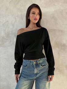 Blusa Asimétrica de Hombro de Manga Larga de 95% Algodón Tejido, Blusa Versátil Negra, Armario de Otoño; Simple, Elegante; Cómoda, Chic. - Negro 2 - Ver 3