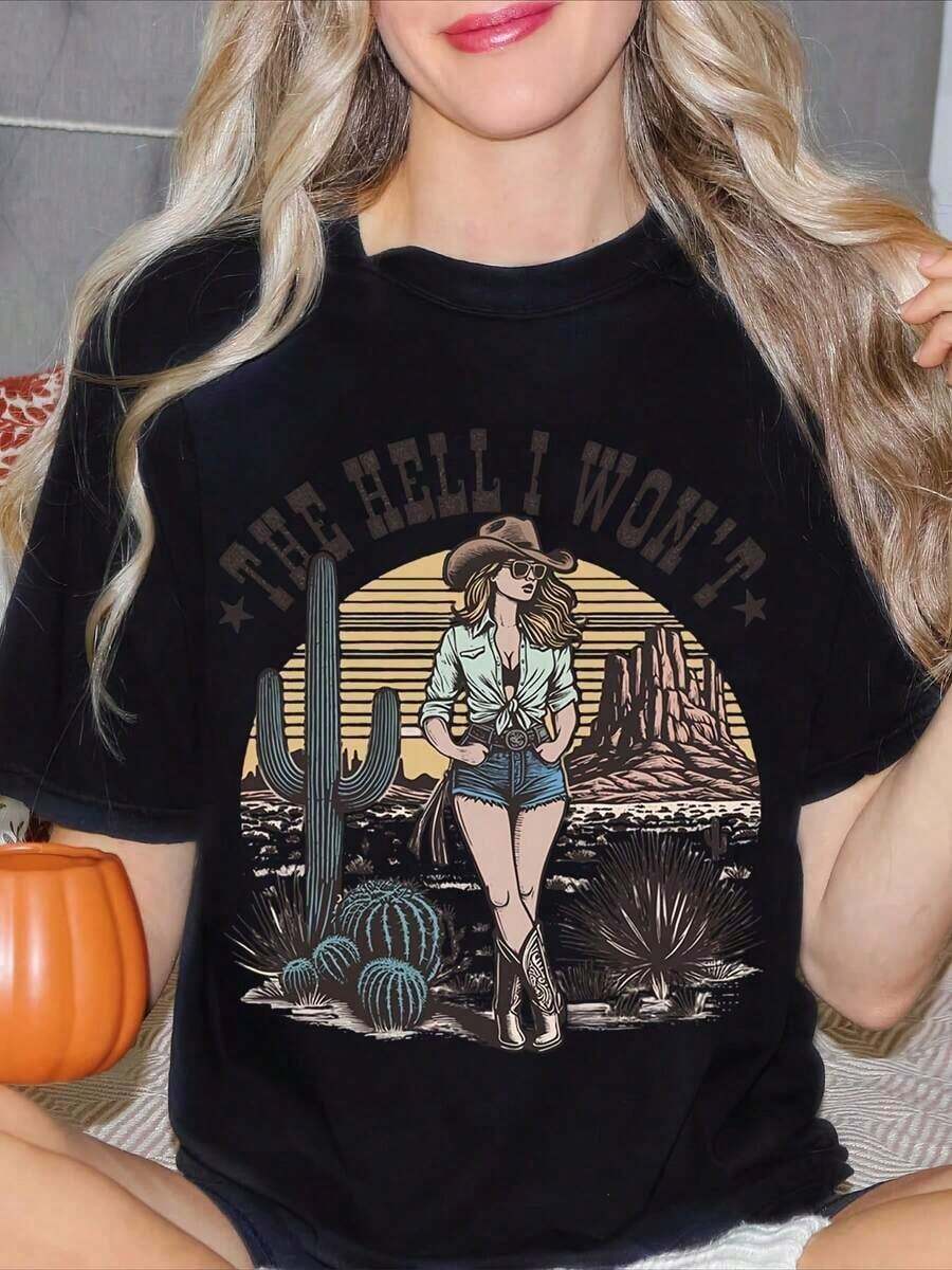 Camiseta de algodón puro de cuello redondo para mujer, estilo casual de verano, con estampado de vaquera del oeste, cactus y escena del desierto, ideal para el verano y como regalo para amigos y familiares. Estampado de inspiración de moda, para adultos, para uso diario casual, adecuada para cumpleaños informales y el 250º aniversario de los Estados Unidos. Transpirable y cómoda. - Negro - Ver 1