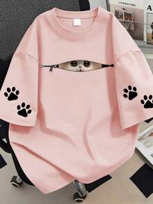 Camiseta con estampado de huella de gato, top de talla grande para mujer, diseño de manga corta estampada. , Playa, Navidad, Regalos del Día de la Madre; , Playa, Fitness Rosa Casual - Rosa - Ver 1