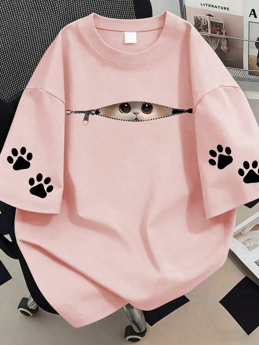 Camiseta con estampado de huella de gato, top de talla grande para mujer, diseño de manga corta estampada. , Playa, Navidad, Regalos del Día de la Madre; , Playa, Fitness Rosa Casual - Rosa - Ver 1