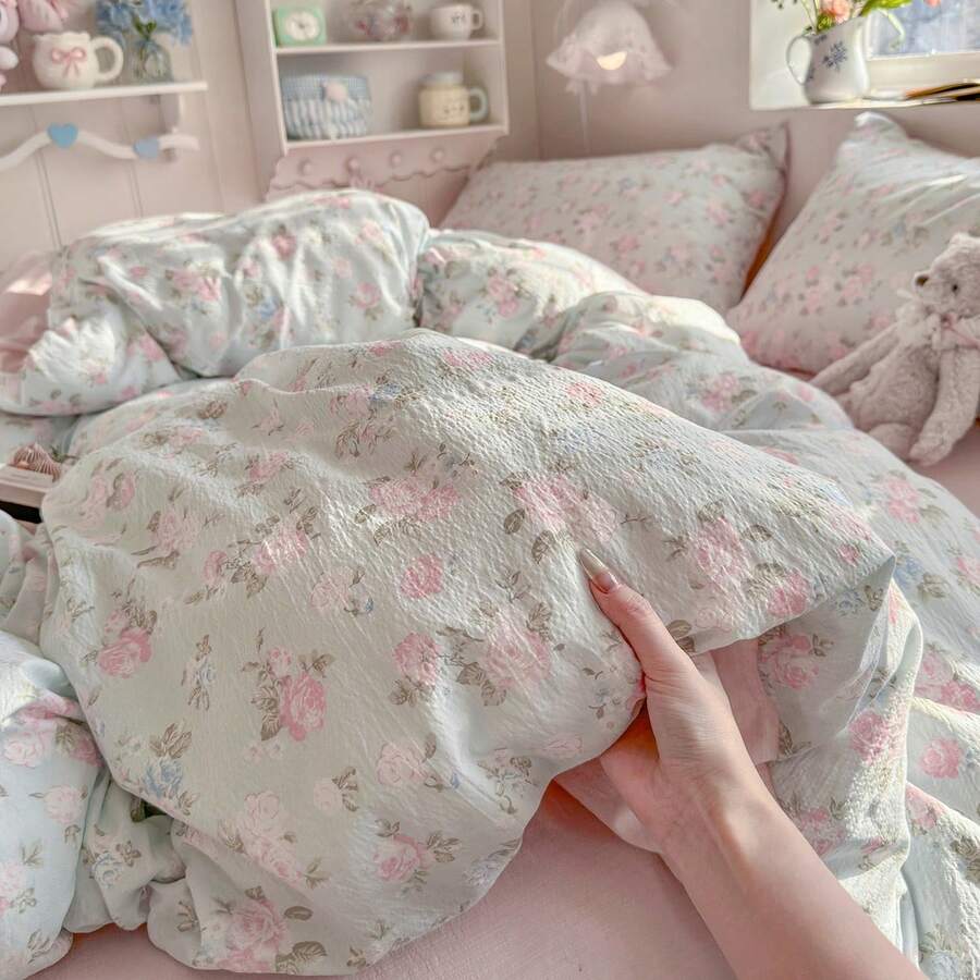 3件組 100%聚酯纖維女童田園清新花卉印花被套組 2個枕套 + 1個被套組合 (不含床單)