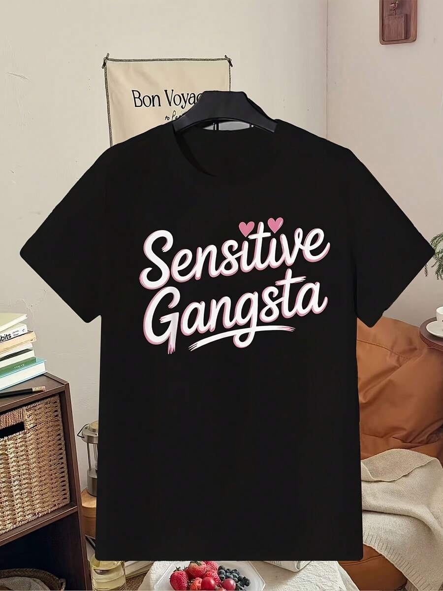 Camiseta de Manga Corta Casual para Hombres, Estampado Gr£fico "Gangsta Empath", Nueva Moda, Suelta y C￳moda, Ideal para Deportes al Aire Libre y Fiestas Tem£ticas, Hecha de Fibra Suave y Lavable a M£quina. Conjunto Perfecto para el D￭a de San Valent￭n