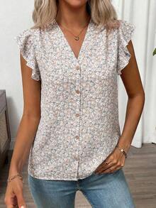 Clasi Blusa de mujer de verano con cuello en V y mangas cortas con estampado floral - Blanco - Ver 5