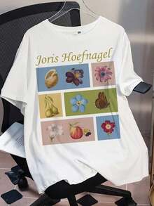 Touch Of Art Joris Hoefnagel Plus Size Floral And Letter Print T-Shirt, Crew Neck, Drop Shoulder, Short Sleeve, Women's Graphic Tees, Floral Print T-Shirt, Vintage T-Shirts, Women's Graphic Tees, Plus Size Streetwear For Women, Cute Summer Tops, Plus Size Summer T-Shirt - 白色 - 查看 7