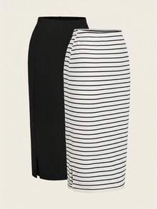 2 piezas Conjunto de falda casual de mujer a rayas y de unicolor, Conjunto a juego, Falda, Faldas para mujer, Falda a rayas, Casual - Blanco y Negro - Ver 2