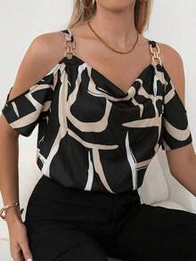 Clasi Blusa con estampado integral, detalle de cadena en el hombro descubierto, parte superior de hombros descubiertos - Negro - Ver 7