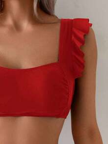 Conjunto de traje de baño para mujer, conjunto de unicolor con escote cuadrado tipo bandeau, tirantes con volantes - Rojo - Ver 4