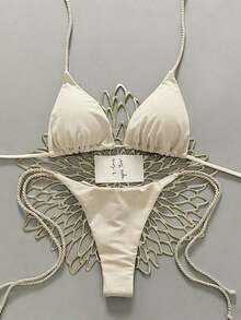 2 piezas Conjunto de traje de baño para mujer, Bikini verde menta con decoración de cuerda hecha a mano - Albaricoque - Ver 2