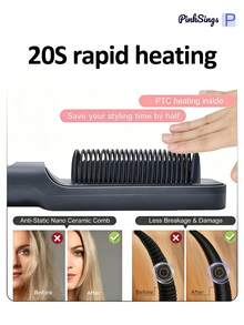PinkSings Straightening Brush, Built-In Comb Straightening Iron, 4 Temperature Settings And LED Display, Anti-Scald Safety Auto Shut-Off, Perfect For Fine Hair, Excellent Gift Choice - Grey - View 8