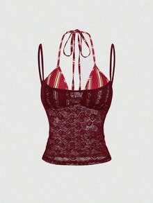 Nuevo diseño de camiseta sin mangas ajustada con rayas vintage y asimétrica 2 en 1 sexy para mujer, primavera/verano - Rojo - Ver 3