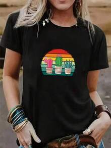 1 Pieza Playera Casual Unisex Estilo TendenciaCamiseta única diseño y2k con estampado de cactus vibrantes y arcoíris ideal para destacar en cualquier ocasión, perfecta para los amantes de la moda mexicana y el estilo bohemio, una pieza imprescindible que combina comodidad y estilo en tu guardarropa. - Negro - Ver 6