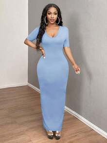 Vestido ajustado corto de manga corta con cuello en V liso para baile de graduación - Celeste - Ver 6
