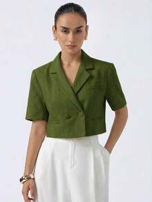Nueva chaqueta elegante y sofisticada de tela texturizada con cuello de solapa, diseño de espalda cruzada, cintura corta y mangas cortas para estilizar la figura de la mujer - Verde 2 - Ver 4
