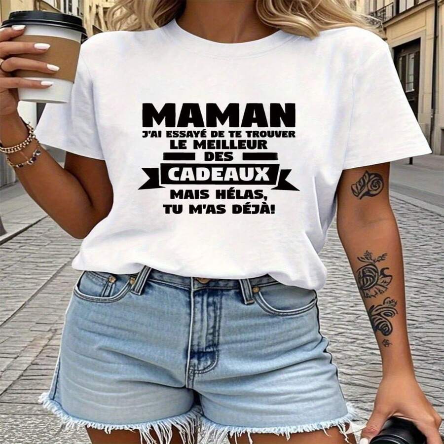 Wo'S T-shirt with French Letter Print | Medm Stretch Fabric, Crew Neck, Short Sve, Casual Top for Spring/Summer - Blanco - Ver 1