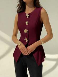 Chaleco casual de verano con botones delanteros y estampado de lunares para mujer - Burdeos - Ver 4