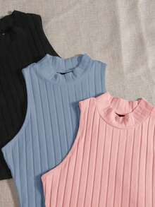 Top de tanque casual sólido de cuello redondo acanalado para el verano - Multicolor 8 - Ver 5
