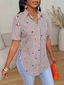 Camisa de mujer de manga corta, ajuste ceñido, con dobladillo curvo dividido, unicolor minimalista, para uso diario y casual en verano - Multicolor 8 - Ver 3