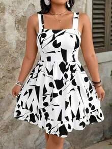 Vestido de talla grande con estampado, lazo en la cintura y decoración para mujeres de vacaciones - Blanco y Negro - Ver 5