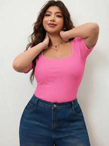 Camiseta de manga corta de cuello cuadrado de ajuste ceñido y elástica para mujer de talla grande, camiseta primavera y verano amigable con la piel, compatible con curvas redondeadas del Body, compatible con la forma del Body redondeada de Apple/20 - Rosa Fucsia - Ver 6