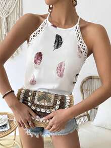Frenchy Blusa De Estilo Francés Romántico Y Elegante Con Estampado De Plumas Para Mujer, Con Cuello Halter - Multicolor - Ver 3