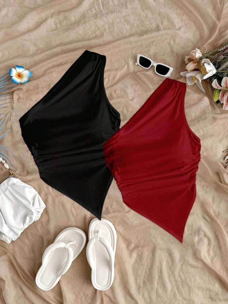 2 piezas de blusas de verano para mujer con dobladillo asimétrico y tirantes, color negro y rojo, adecuado para el verano - Multicolor 3 - Ver 1
