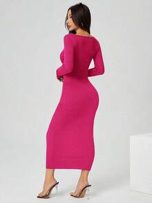 Vestido largo de manga larga con cuello cuadrado color negro sólido ajustado, vestido elegante de manga larga para mujer con cuello cuadrado, ajuste ceñido, manga recta, liso, para uso diario casual en primavera/otoño - Rosa Fucsia - Ver 2