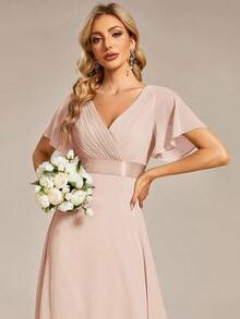 Vestido de dama de honor con cuello en V elegante, mangas con volantes y mariposa, color verde salvia, vestido de invitada de boda, vestido de primavera semi-formal para boda, fiesta de cumpleaños, graduación, Día de San Valentín - Champán 2 - Ver 7