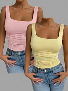 Conjunto de dos piezas de camiseta de tirantes ajustada en verde y blanco, estilo sexy de club, atuendo de festival y carnaval, atuendo de cumpleaños de mujer, atuendo romántico para citas, atuendo de concierto, esencial para fiestas, atuendo diario, atuendo deportivo casual, estilo de vacaciones - Multicolor 3 - Ver 2