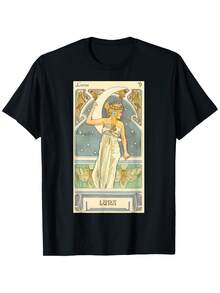 Vintage Art Nouveau Style T-Shirt "Goddess Of The Moon", 100% Cotton, Round Neck, Casual Loose Fit With Slogan Print, Knitted Holiday Top. - 黑色 - 查看 6