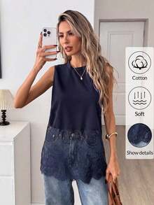Top sin mangas de mujer con cuello redondo y dobladillo de encaje, primavera/verano - Azul marino - Ver 5