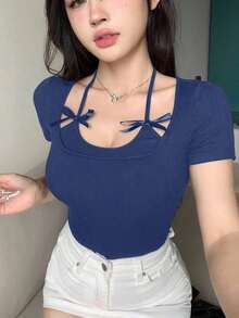 Camiseta de manga corta de ajuste ceñido, casual y sexy con decoración de lazo en el cuello halter para mujer - Azul marino 2 - Ver 4