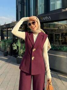 Conjunto de blazer de unicolor con decoración de hebilla metálica y bolsillo falso + pantalones rectos de cintura alta y sueltos, estilo vintage francés elegante para oficina, viajes, negocios, casual, citas, primavera/verano - Granada - Ver 7