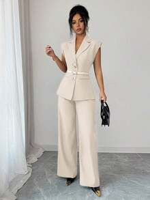 Conjunto de blazer de unicolor con decoración de hebilla metálica y bolsillo falso + pantalones rectos de cintura alta y sueltos, estilo vintage francés elegante para oficina, viajes, negocios, casual, citas, primavera/verano - Albaricoque - Ver 4