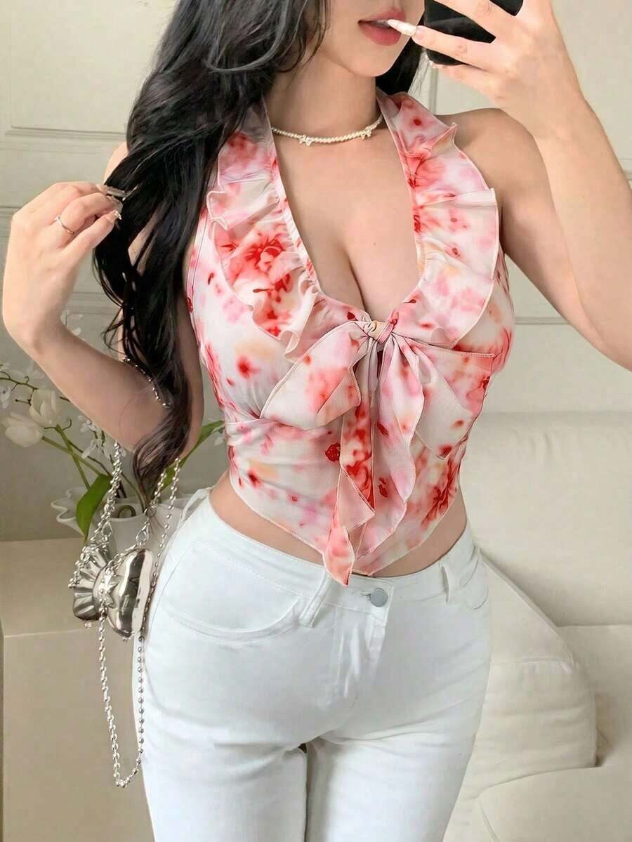 Elegante camiseta de tirantes con cuello halter, volantes y lunares estilo francés - Rosa - Ver 1