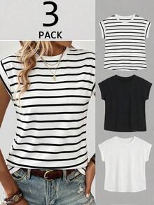 Set de 3 piezas Traje informal de chaleco con decoración de conchas marinas para mujer talla grande, adecuado para vacaciones de verano - Multicolor 3 - Ver 9