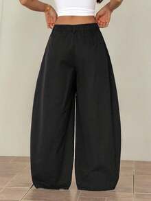 Pantalones anchos de verano con dobladillo curvo verde, estilo vintage, casual y para salir - Negro - Ver 2