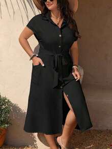 Vestido casual de talla grande para mujer con cinturón de unicolor - Negro - Ver 4