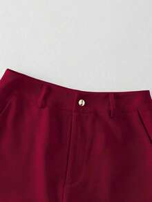 Conjunto de blazer y pantalón de bolsillo de unicolor azul con botones dorados y cuello entallado elegante para mujer, versátil para otoño/invierno - Rojo - Ver 6