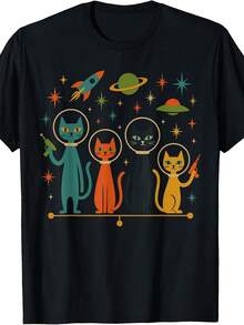 Vintage T-Shirt With Space Cat Prints From The 50s And 60s. - Black - View 7