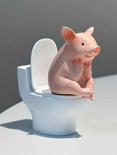 1pc Cute Pig Sitting On Toilet - PVC Bathroom Decoration, Desktop Or Wall Mounted, Home Office Desk And Living Room Display, Home Decoration, Bathroom Additions, Bathroom Decoration, Statue Decoration