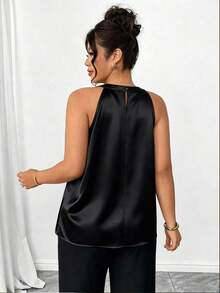 Camiseta sin mangas con pliegues 3D elegante para mujer de talla grande, versátil para fiesta, té de la tarde, ir al trabajo, color caqui - Negro - Ver 2