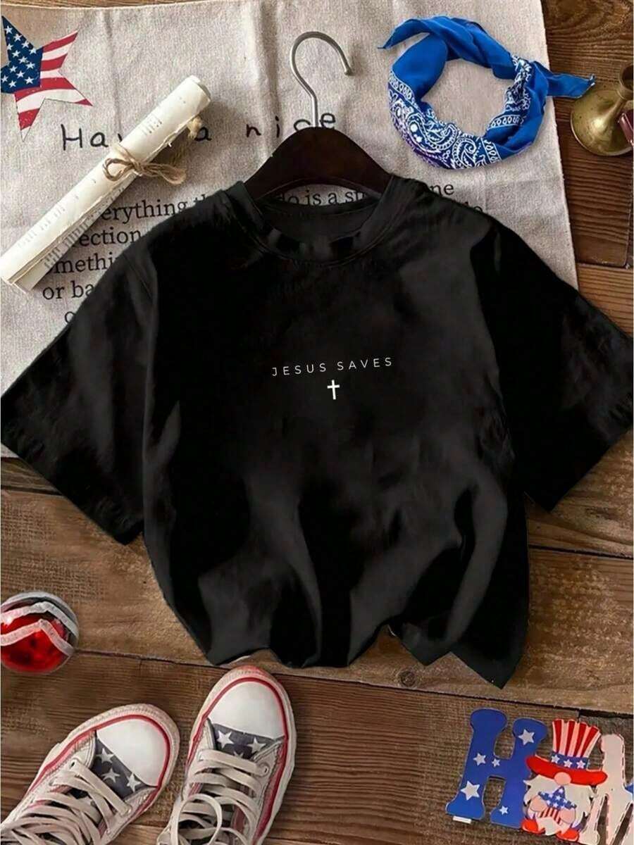 Letter Print T-Shirt, Short Sleeves, Round Neck, Casual Top For Summer And Spring, Women's Clothing, Women's Blouses, Women's Tops, Women's T-Shirts - 風格 - 查看 1