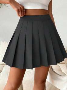 Falda pantalón casual de talle alto con pliegues y rayas para mujer - Negro 2 - Ver 3