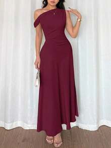 YHHElenzga Vestido de cóctel elegante de estilo francés bohemio y chic con detalles de volantes, cuello asimétrico y silueta de línea A en color verde macaron, ideal para vacaciones, días festivos, graduación, citasYHH - Rojo violeta - Ver 4
