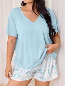 Miss Vinta Women's Plus Size 2-Piece Pajama Set With Short-Sleeve V-Neck Top And Floral Print Shorts. Comfortable Summer Pajama Set For Women With Shorts And Top, Summer Loungewear - 賽萊斯特 - 查看 2