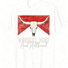 "Whiskey Bent And Hellbound" Western Graphic T-Shirt, Short Sleeve, Plus Size, Thick Cotton, Classic Print For Men And Women, Casual Wear For Everyday Use, Soft And Comfortable Cotton, Desert Cactus Design, Fashionable Western Style T-Shirt. - 白色 - 查看 1